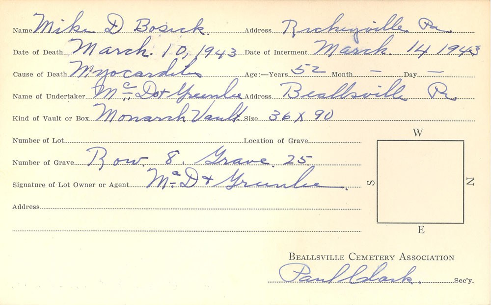 Mike D. Bosick burial card